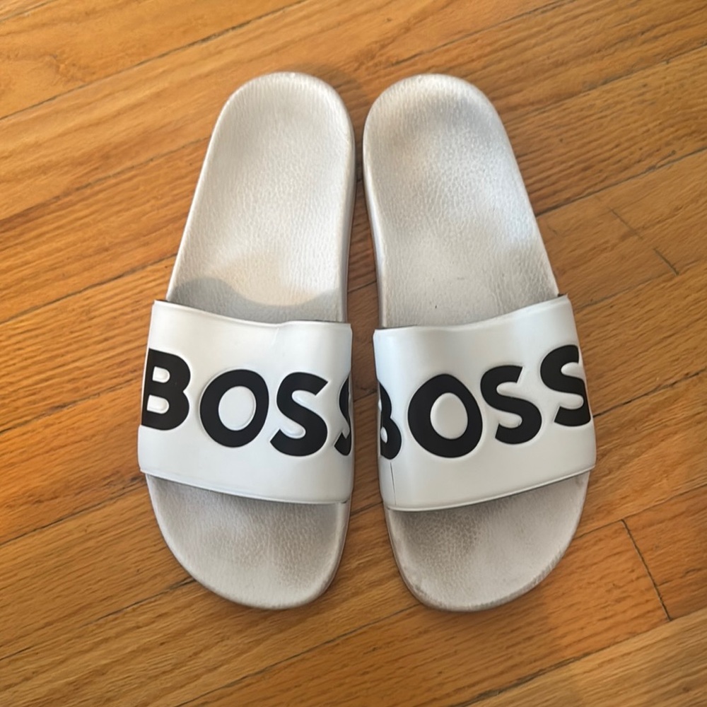Boss White Slides with Black Logo